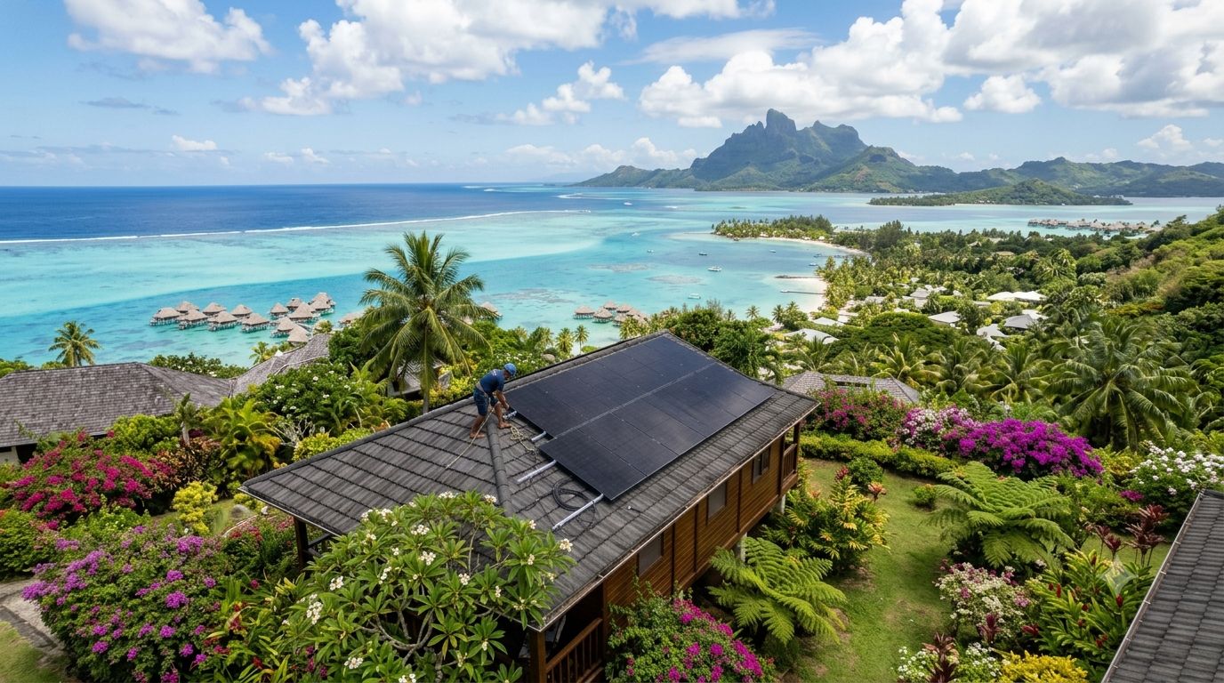Pose de panneaux photovoltaïques sur une toiture face au lagon