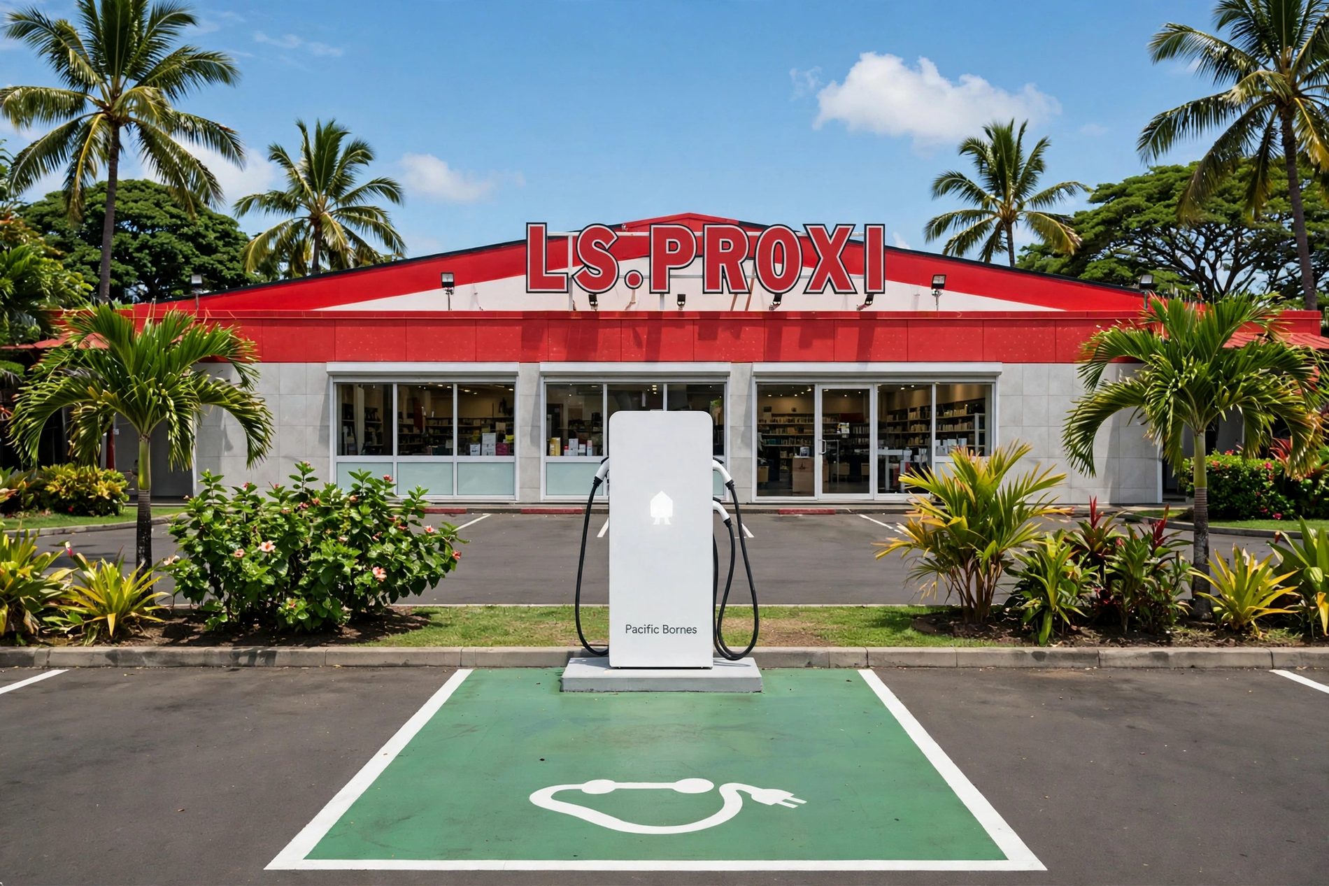 Borne de recharge Pacific Bornes installée sur le parking d'un commerce à Tahiti