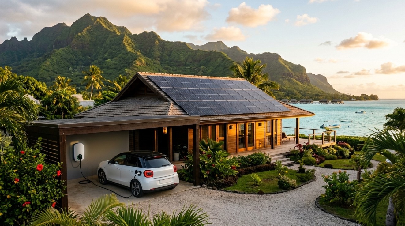 Maison face au lagon avec panneaux photovoltaïques en toiture et véhicule électrique en charge