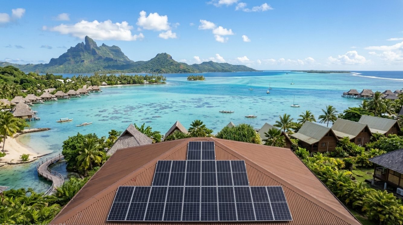 Toiture équipée de panneaux photovoltaïques face au lagon polynésien