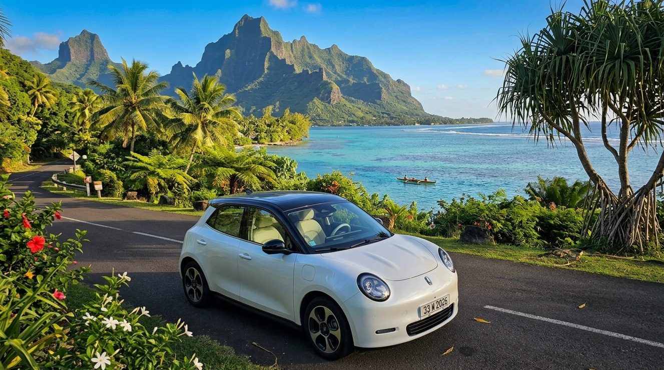 Voiture électrique en bord de lagon face au Mont Otemanu, Polynésie française