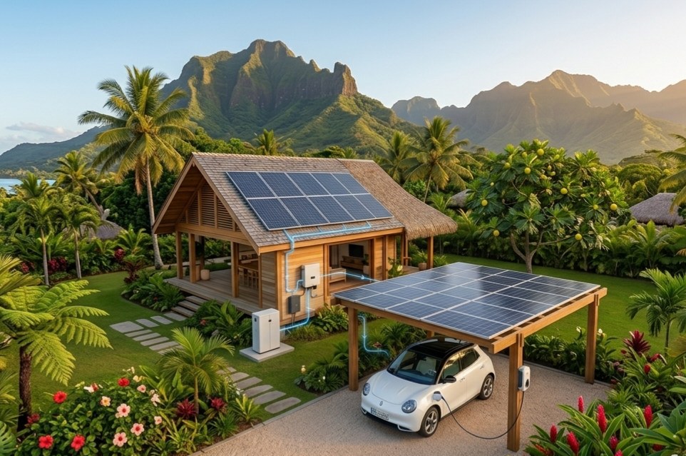 Maison équipée de panneaux solaires rechargeant un véhicule électrique sous un carport photovoltaïque
