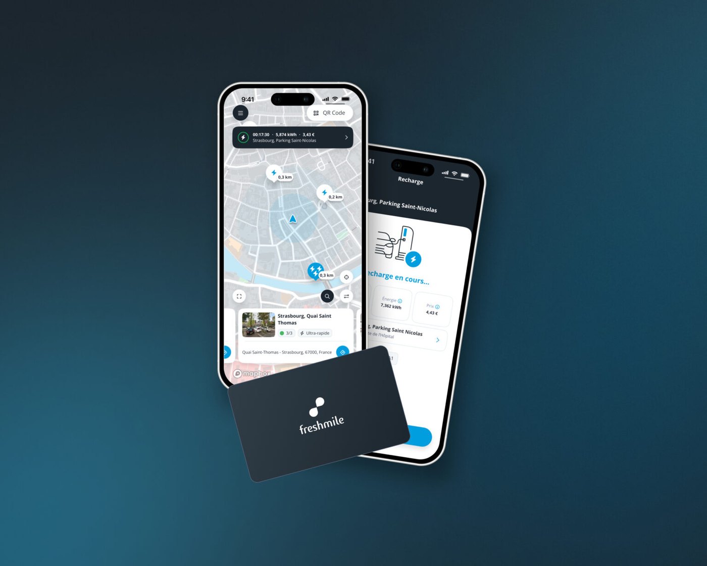 Application Freshmile sur téléphone, avec carte des bornes et badge de recharge