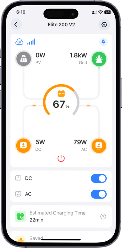 Application Bluetti affichant l'état de charge de la batterie